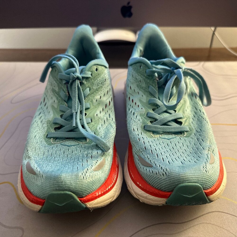 Women Hoka Clifton 8 in Real Teal / Aquarelle with orange stripe accent size 6.5